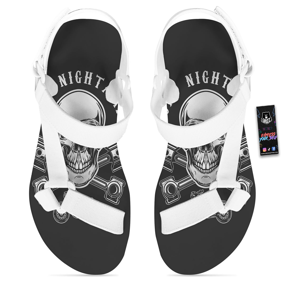 Piston Skull Mechanic Cross Print White Open Toe Sandals-grizzshop