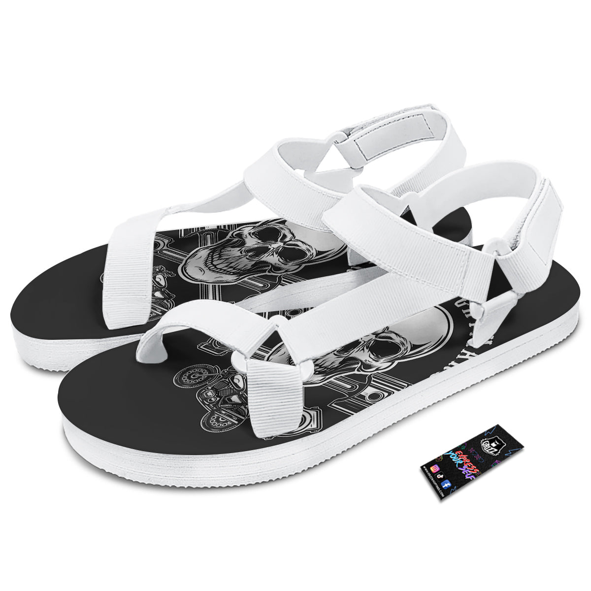 Piston Skull Mechanic Cross Print White Open Toe Sandals-grizzshop