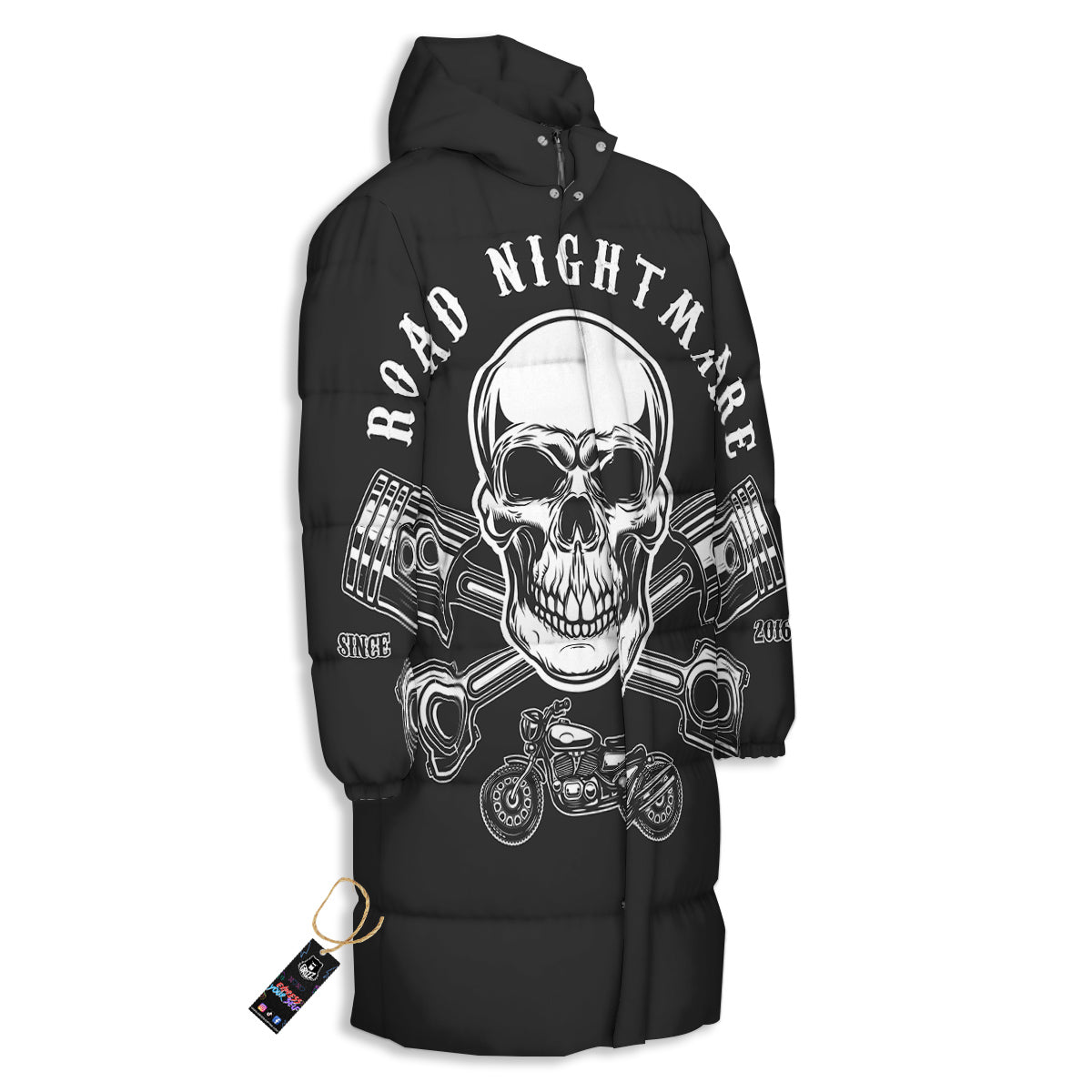 Piston Skull Mechanic Cross Print Long Down Jacket