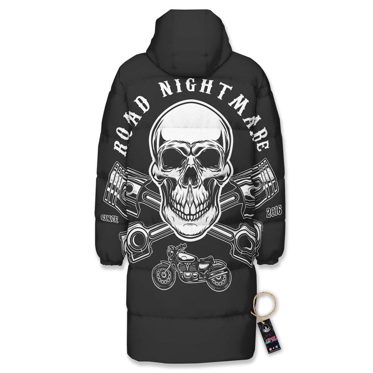 Piston Skull Mechanic Cross Print Long Down Jacket