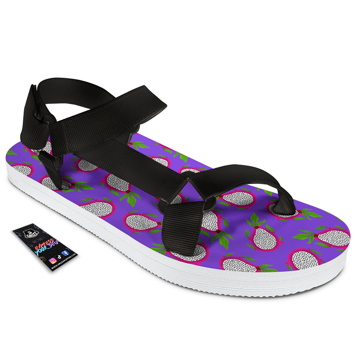 Pitaya Purple Print Pattern Black Open Toe Sandals-grizzshop