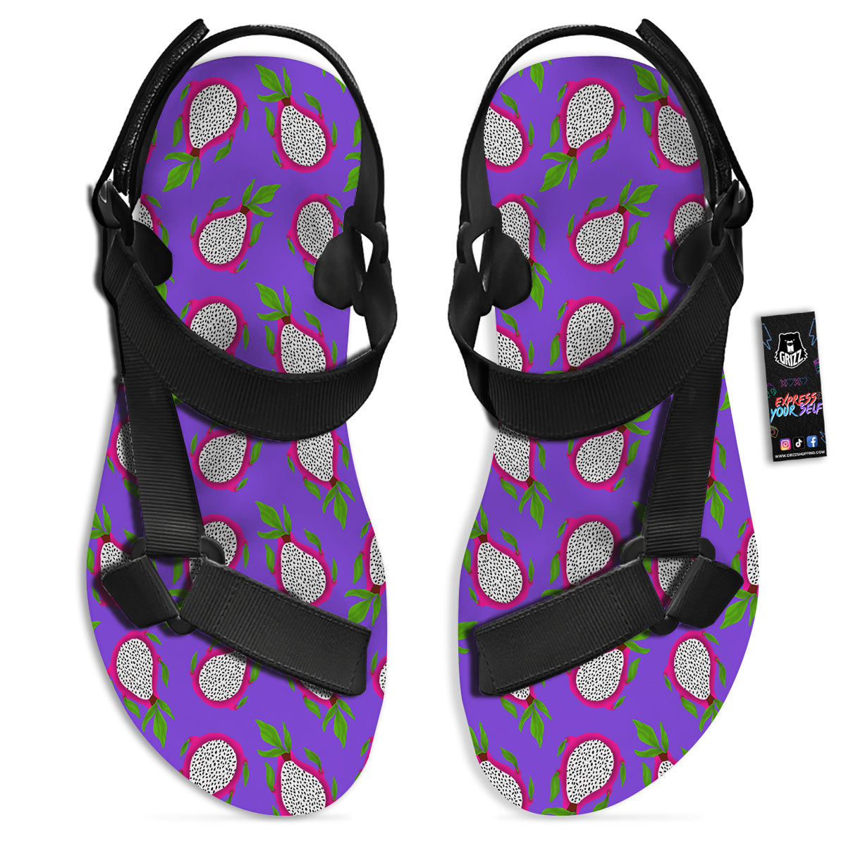 Pitaya Purple Print Pattern Black Open Toe Sandals-grizzshop
