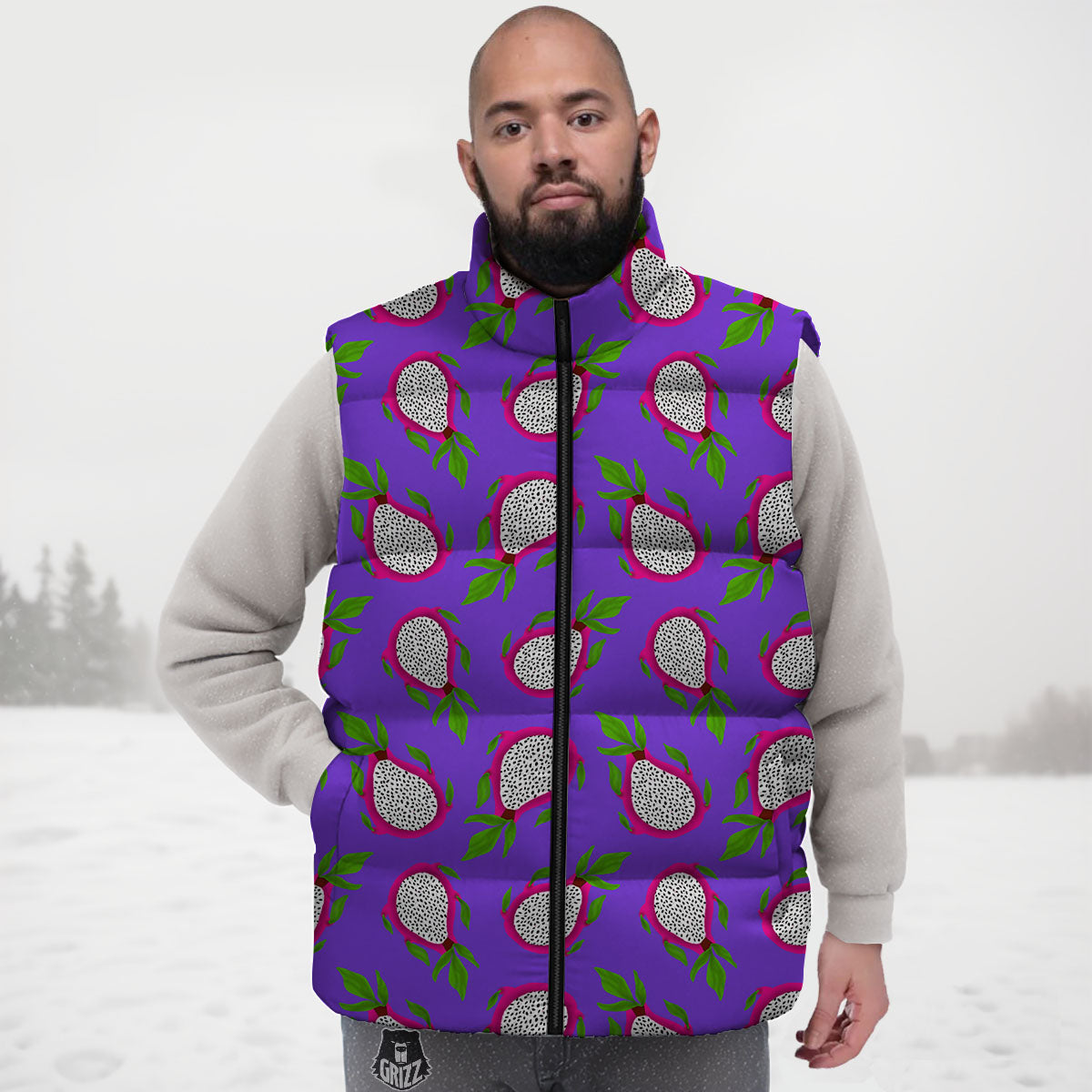 Pitaya Purple Print Pattern Down Vest-grizzshop