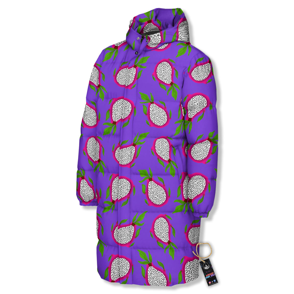 Pitaya Purple Print Pattern Long Down Jacket-grizzshop