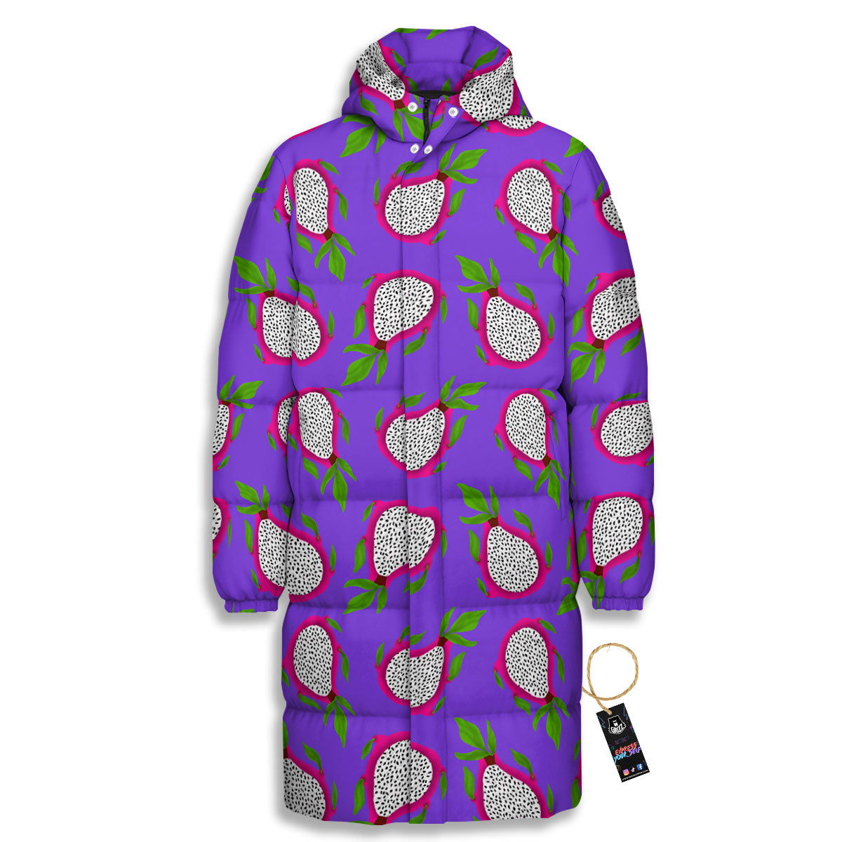 Pitaya Purple Print Pattern Long Down Jacket-grizzshop