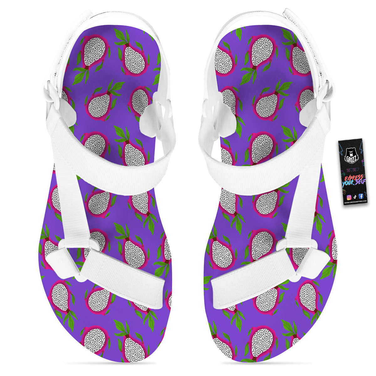 Pitaya Purple Print Pattern White Open Toe Sandals-grizzshop