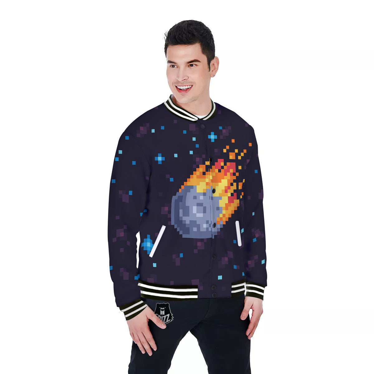Pixel 8 Bit Meteorite Burnning Print Baseball Jacket-grizzshop