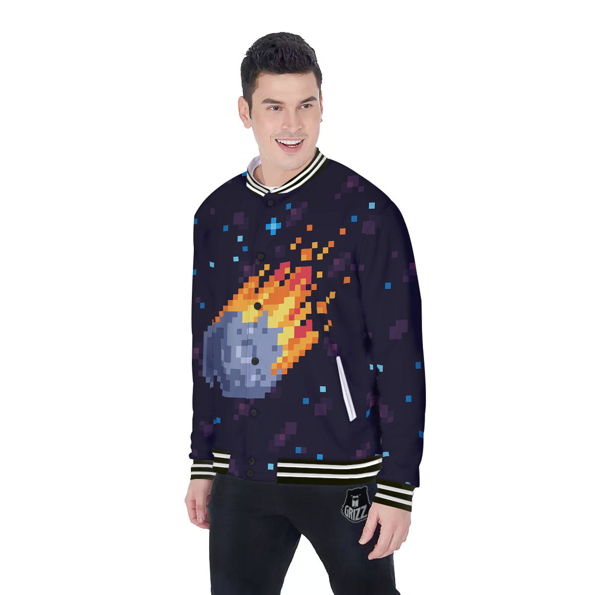 Pixel 8 Bit Meteorite Burnning Print Baseball Jacket-grizzshop
