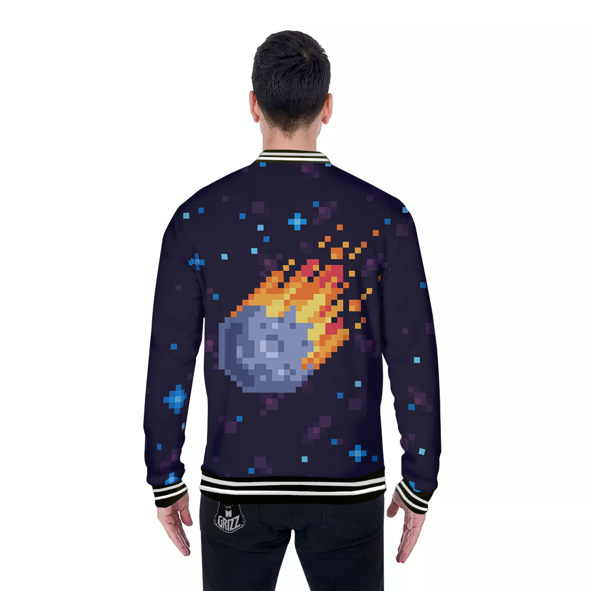Pixel 8 Bit Meteorite Burnning Print Baseball Jacket-grizzshop