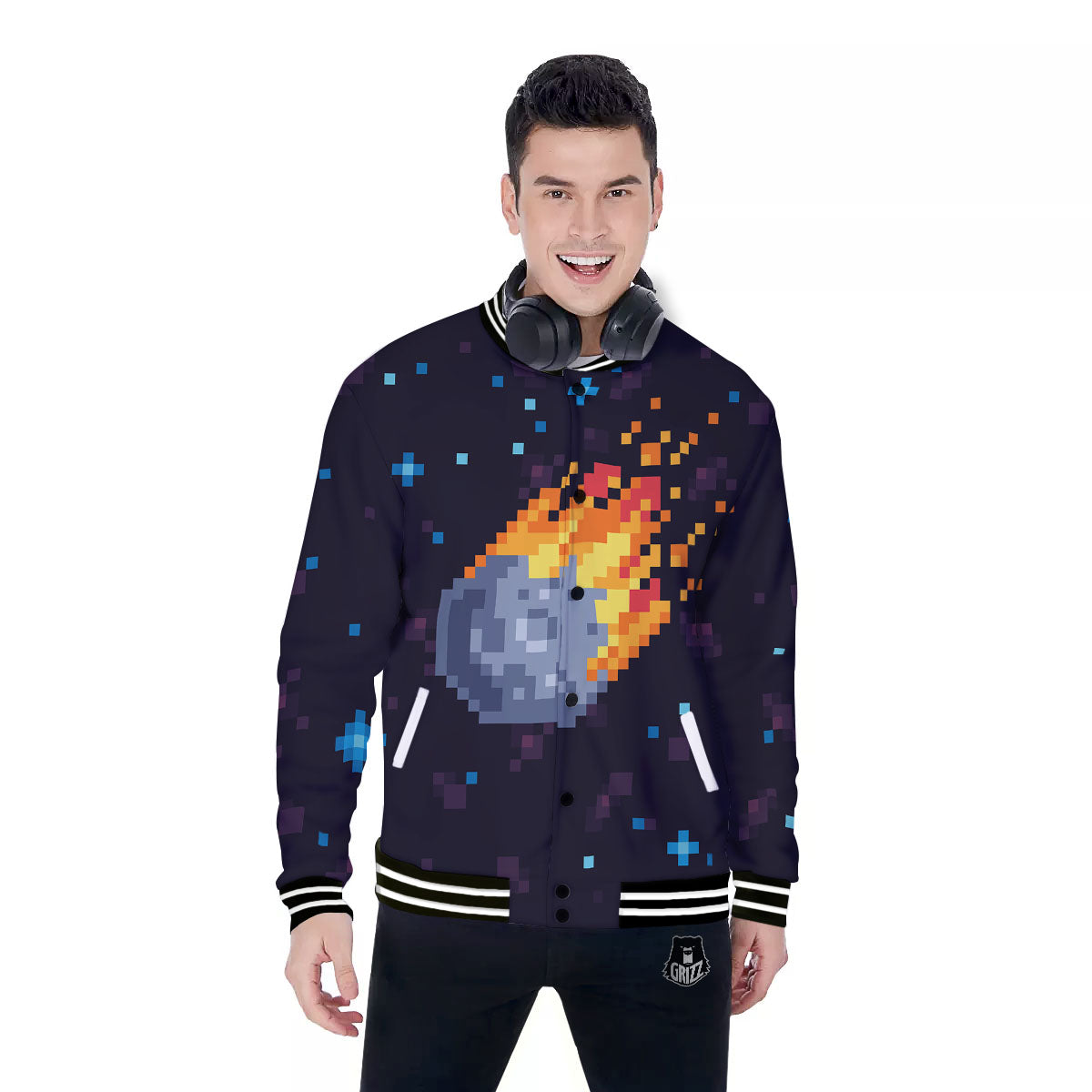 Pixel 8 Bit Meteorite Burnning Print Baseball Jacket-grizzshop