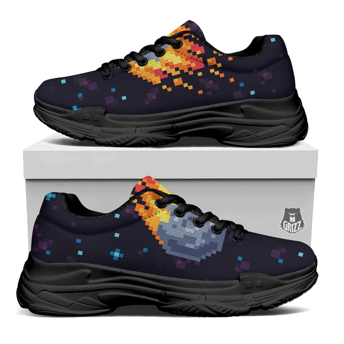 Pixel 8 Bit Meteorite Burnning Print Black Chunky Shoes-grizzshop