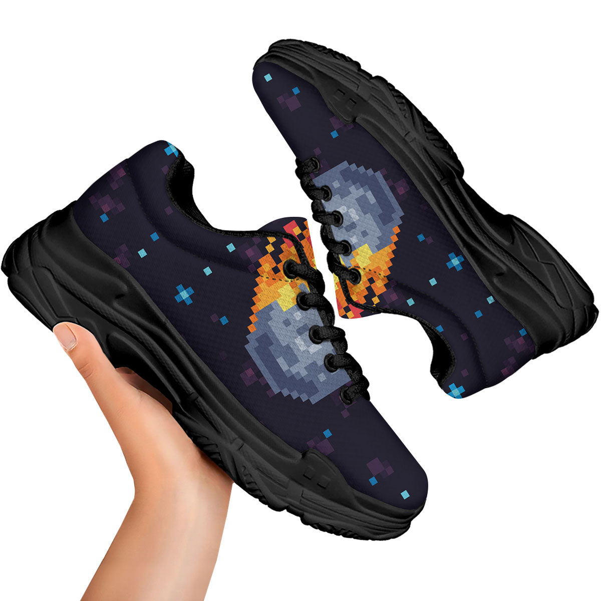 Pixel 8 Bit Meteorite Burnning Print Black Chunky Shoes-grizzshop