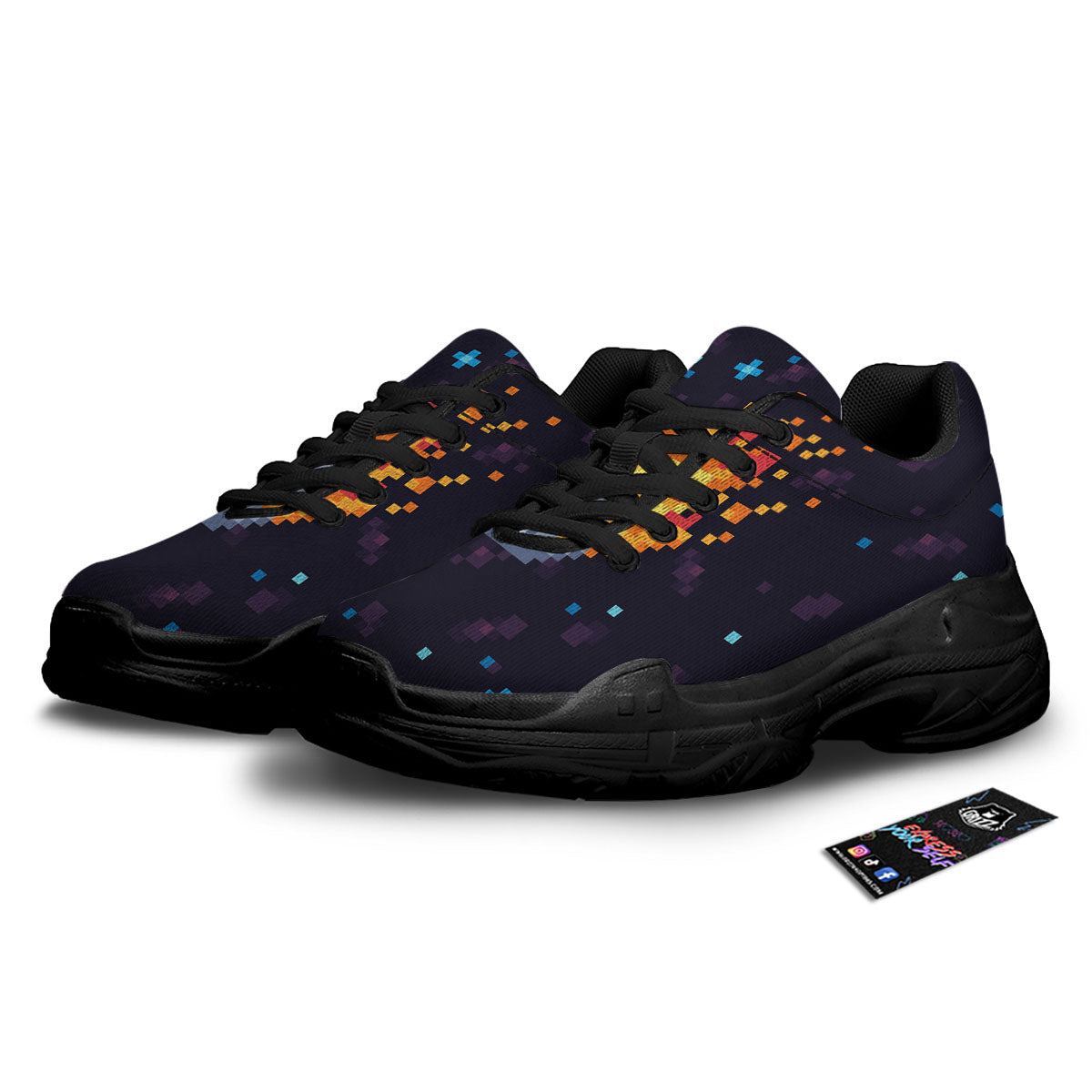 Pixel 8 Bit Meteorite Burnning Print Black Chunky Shoes-grizzshop