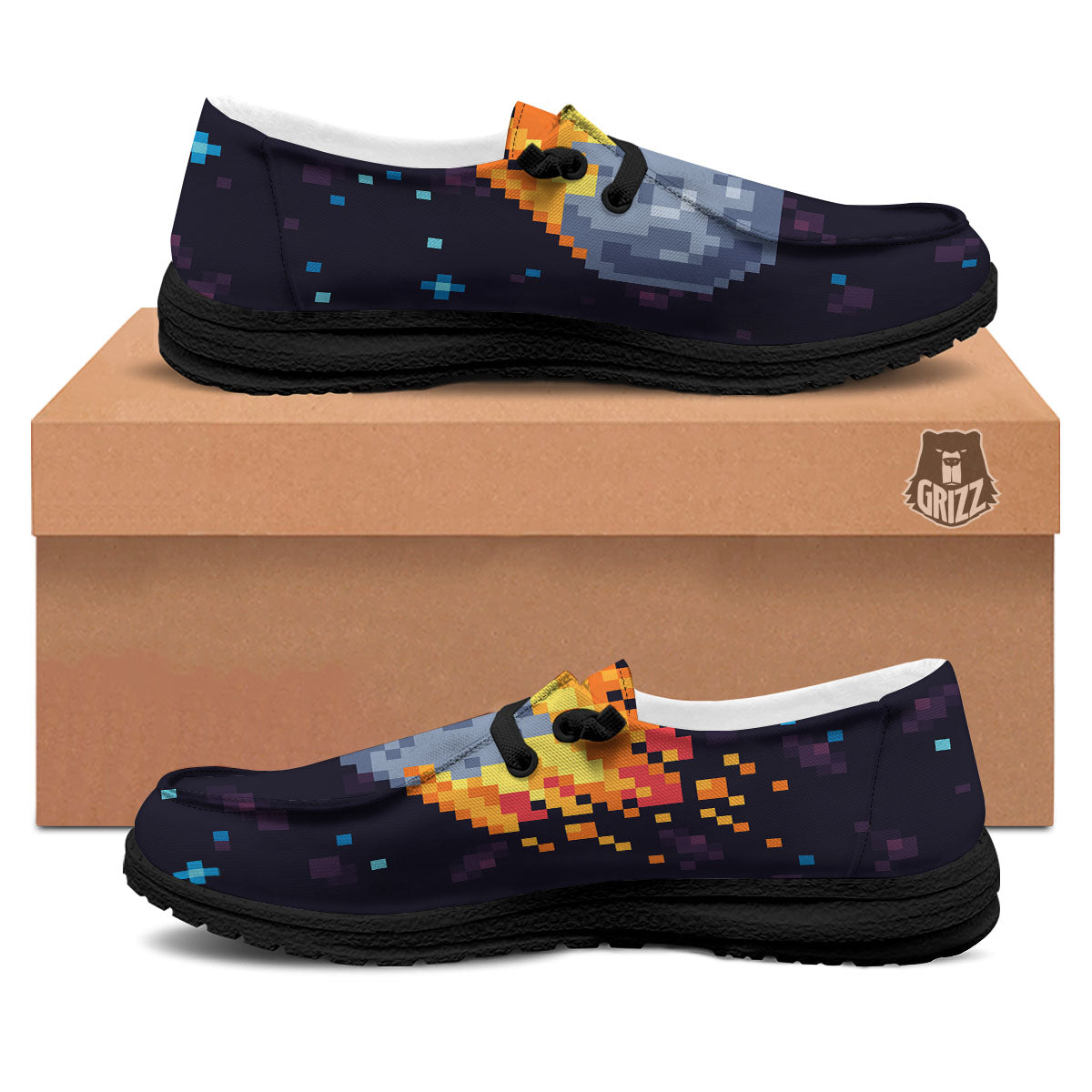 Pixel 8 Bit Meteorite Burnning Print Black Loafers-grizzshop