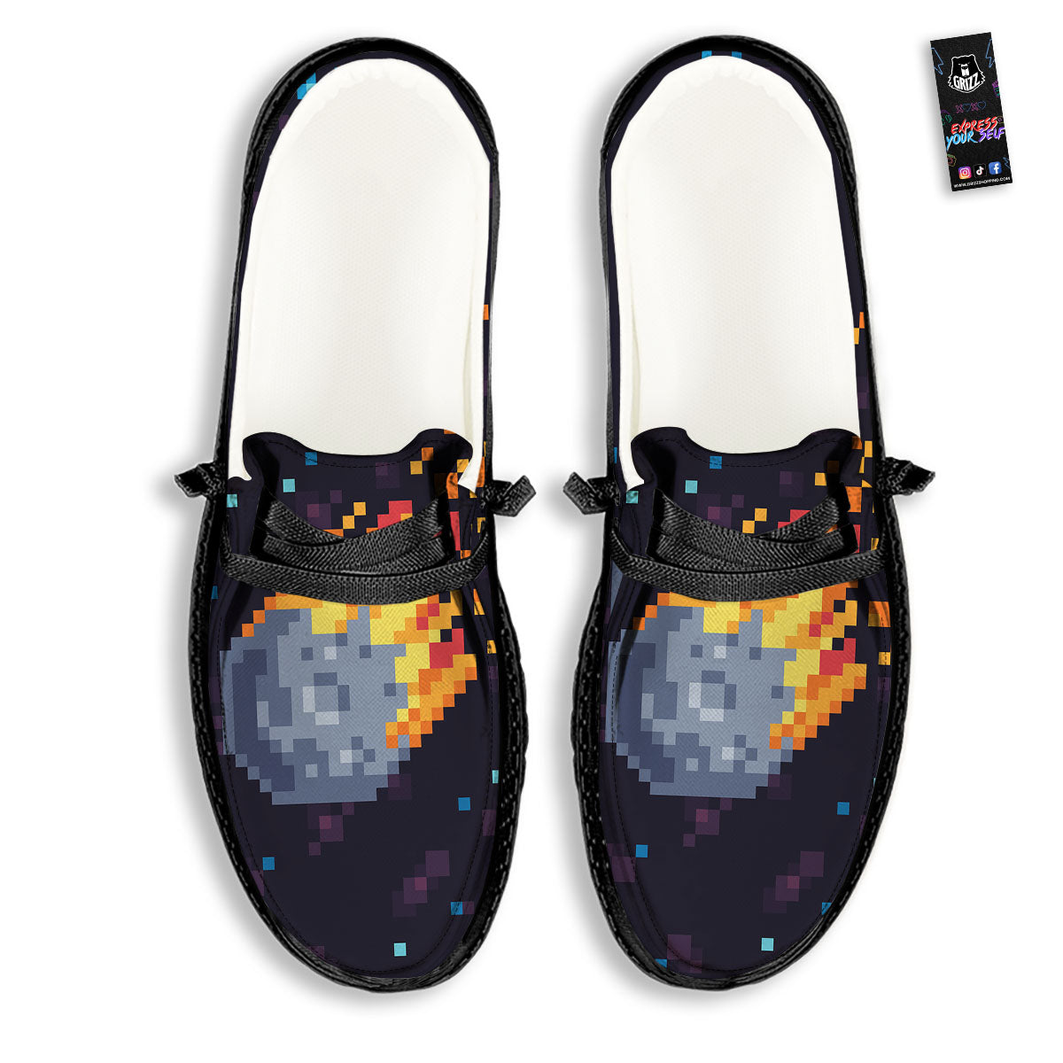 Pixel 8 Bit Meteorite Burnning Print Black Loafers-grizzshop