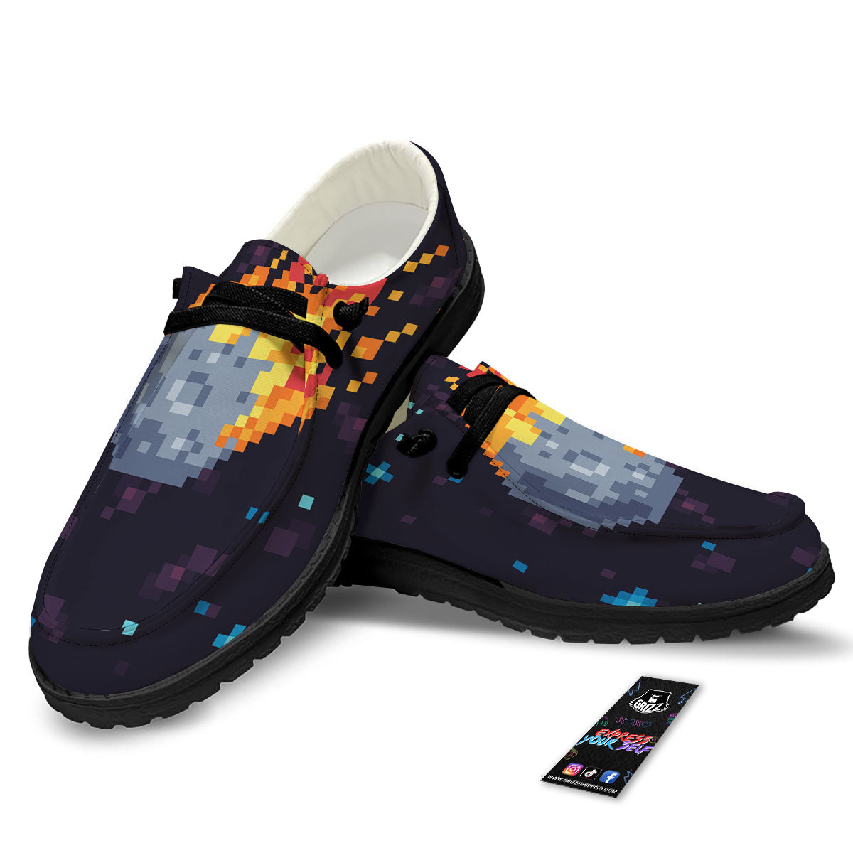 Pixel 8 Bit Meteorite Burnning Print Black Loafers-grizzshop