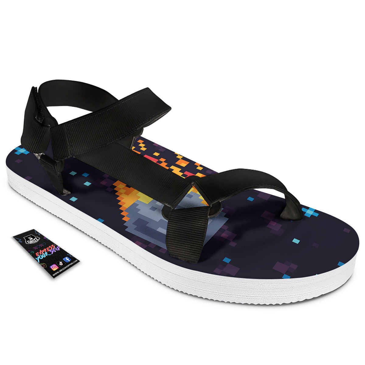 Pixel 8 Bit Meteorite Burnning Print Black Open Toe Sandals-grizzshop