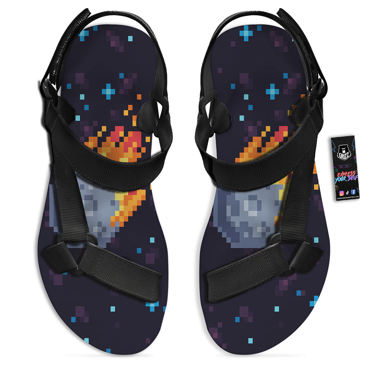 Pixel 8 Bit Meteorite Burnning Print Black Open Toe Sandals-grizzshop