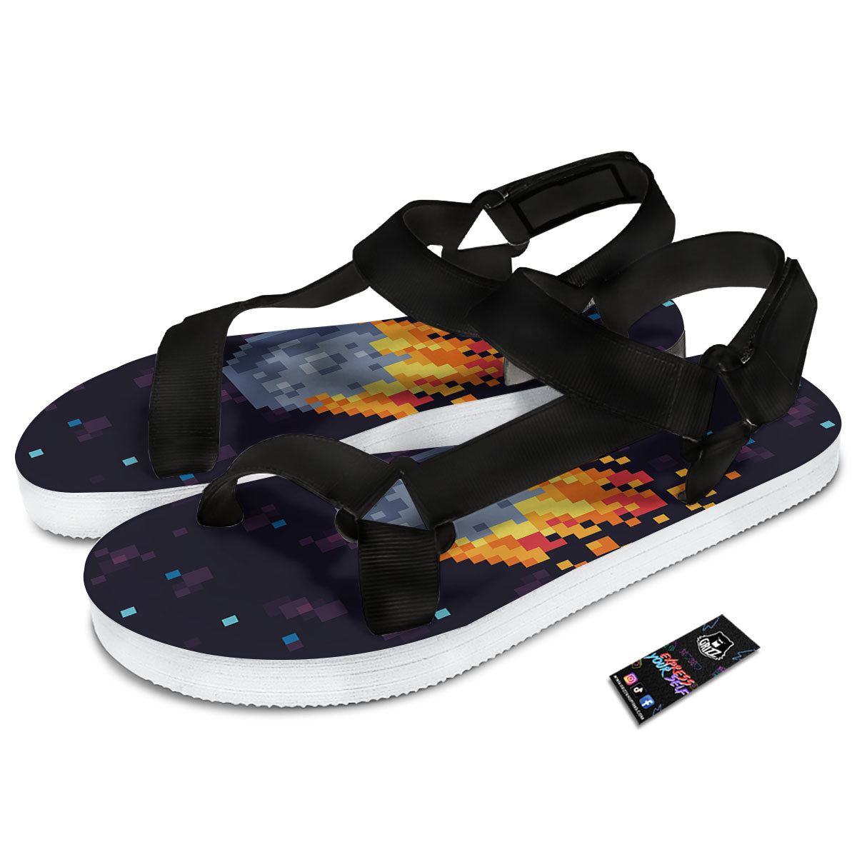 Pixel 8 Bit Meteorite Burnning Print Black Open Toe Sandals-grizzshop