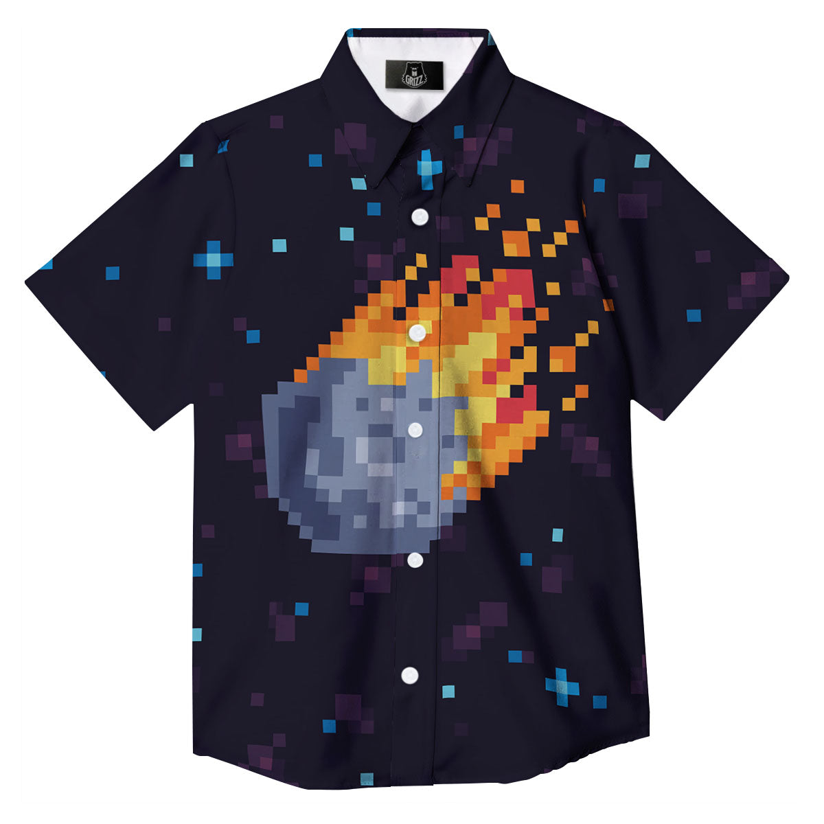 Pixel 8 Bit Meteorite Burnning Print Button Up Shirt-grizzshop