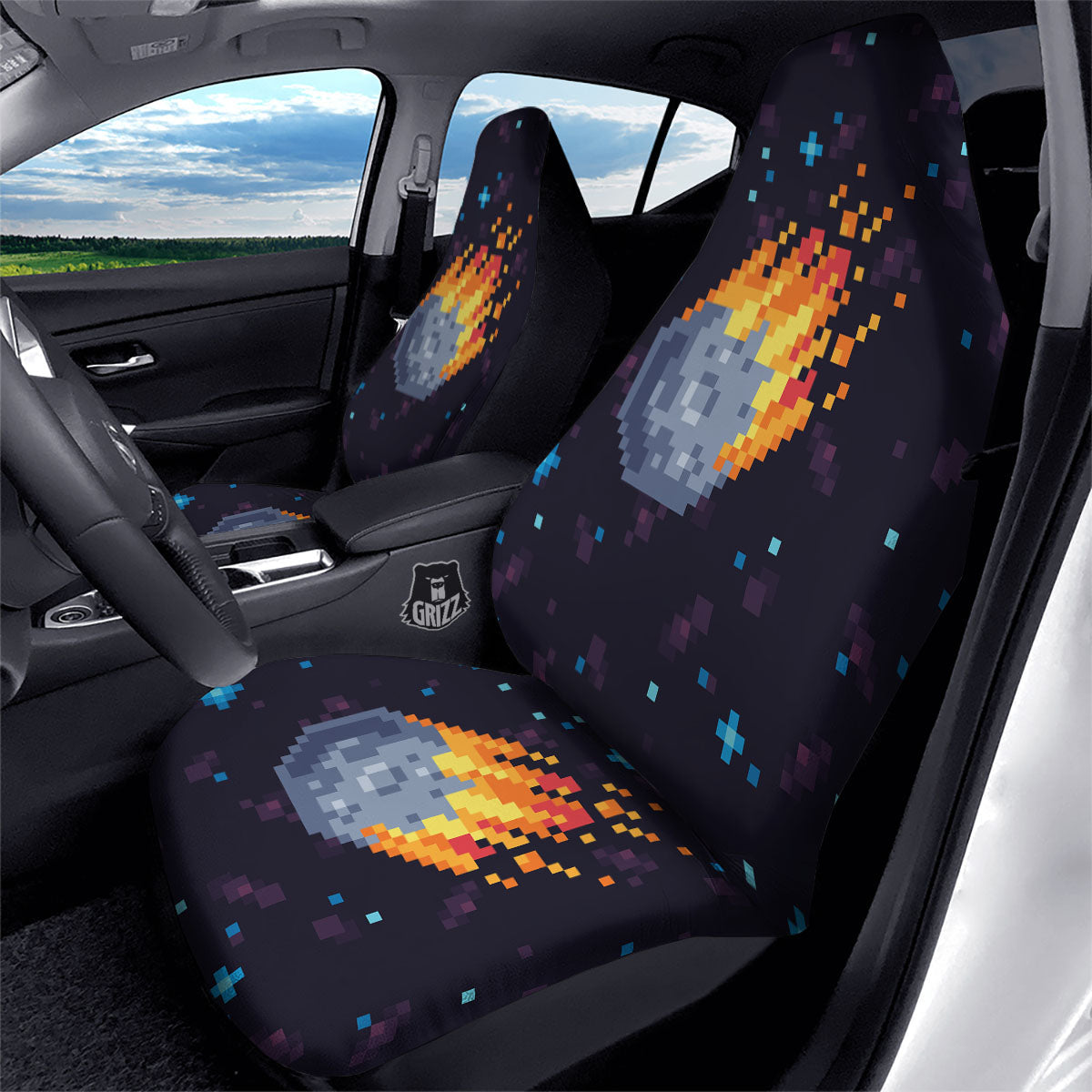 Pixel 8 Bit Meteorite Burnning Print Car Seat Covers-grizzshop