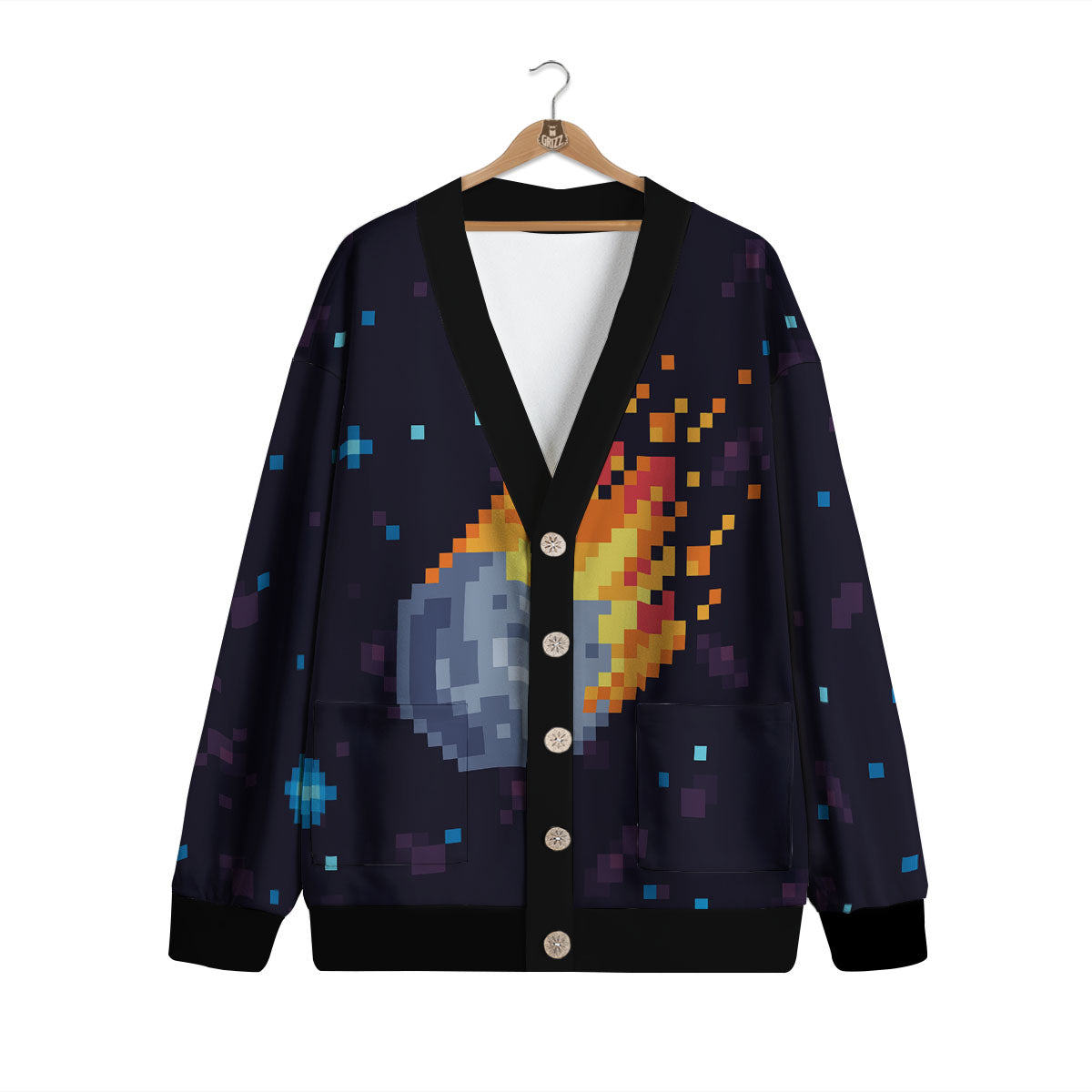 Pixel 8 Bit Meteorite Burnning Print Cardigan-grizzshop
