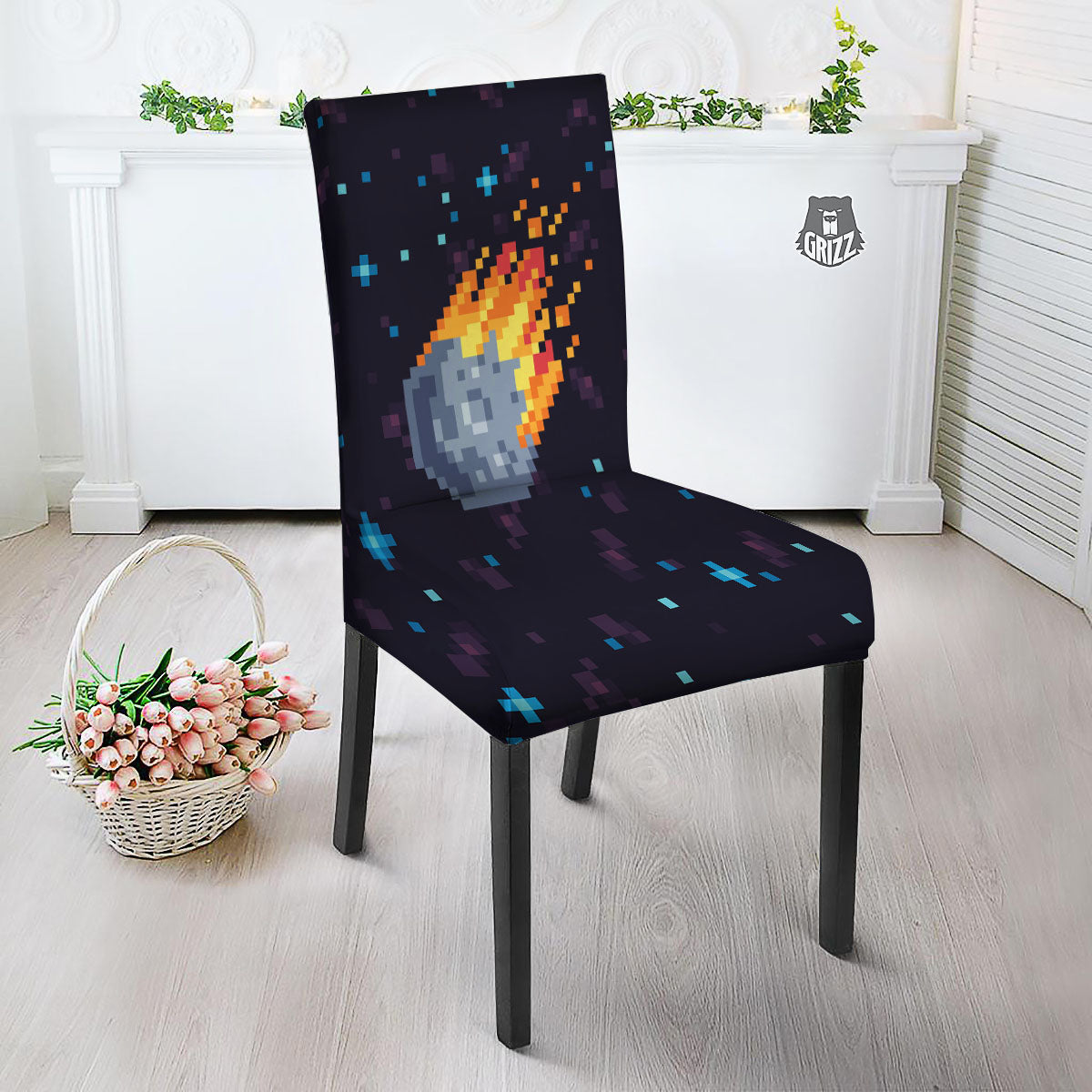 Pixel 8 Bit Meteorite Burnning Print Dining Chair Slipcover-grizzshop