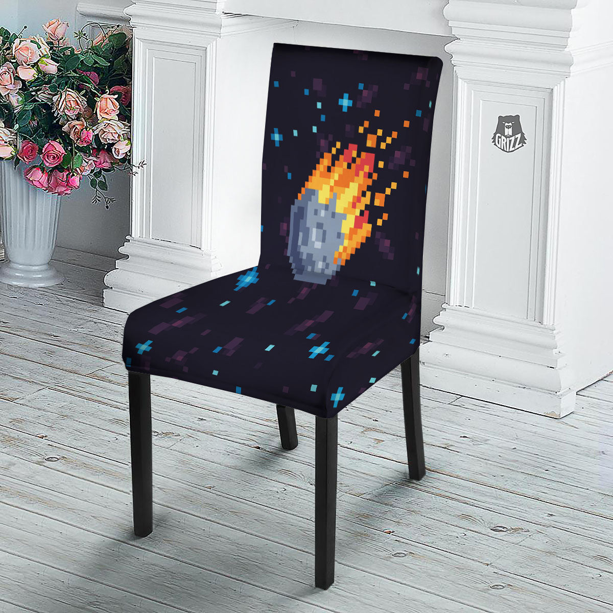 Pixel 8 Bit Meteorite Burnning Print Dining Chair Slipcover-grizzshop