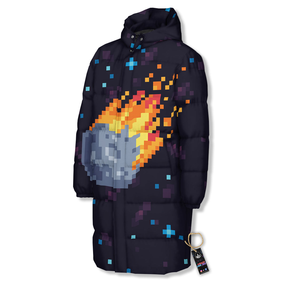 Pixel 8 Bit Meteorite Burnning Print Long Down Jacket-grizzshop