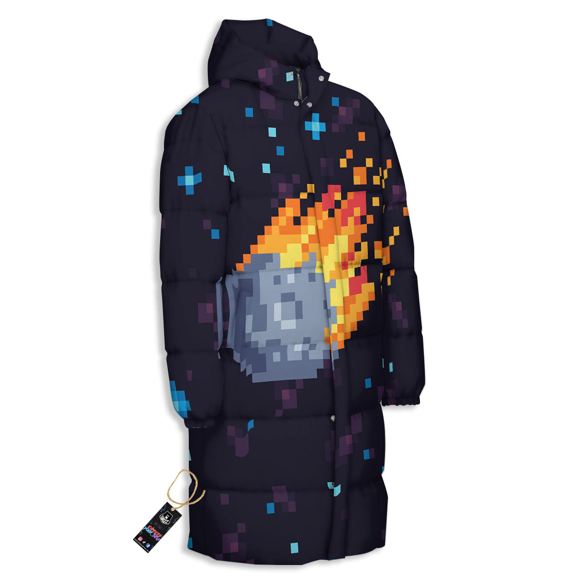 Pixel 8 Bit Meteorite Burnning Print Long Down Jacket-grizzshop