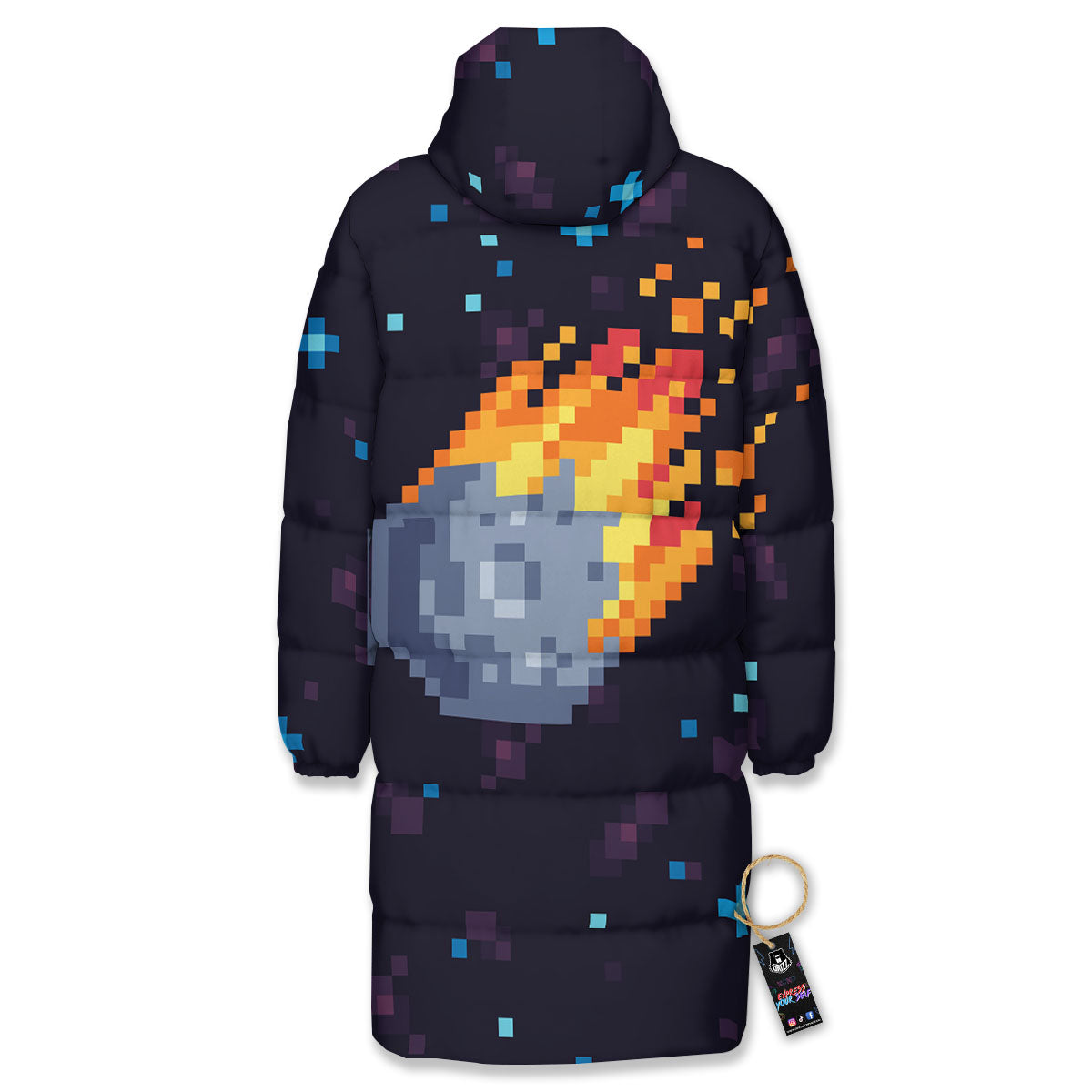 Pixel 8 Bit Meteorite Burnning Print Long Down Jacket-grizzshop