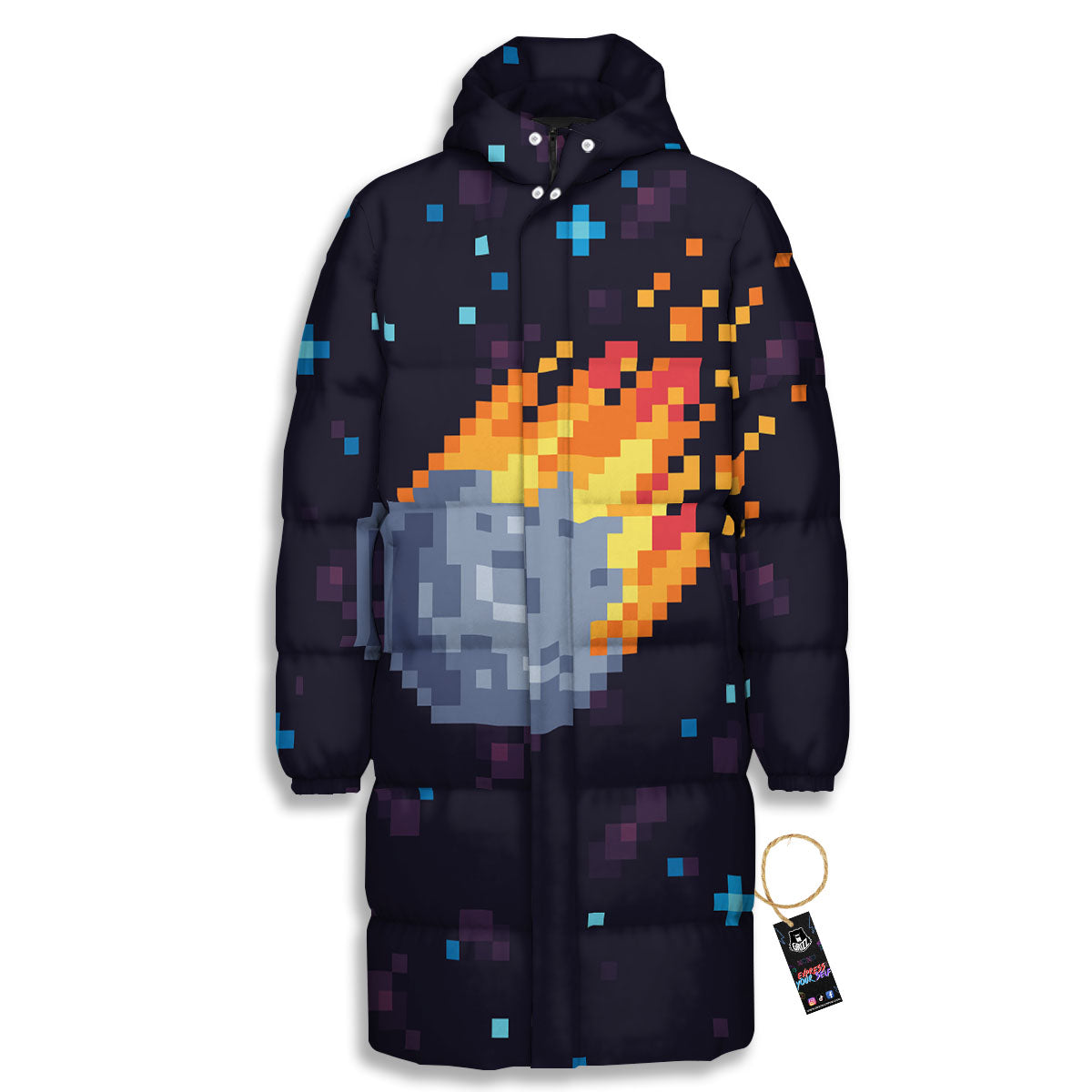 Pixel 8 Bit Meteorite Burnning Print Long Down Jacket-grizzshop