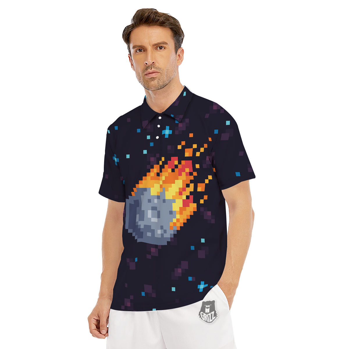 Pixel 8 Bit Meteorite Burnning Print Men's Golf Shirts-grizzshop