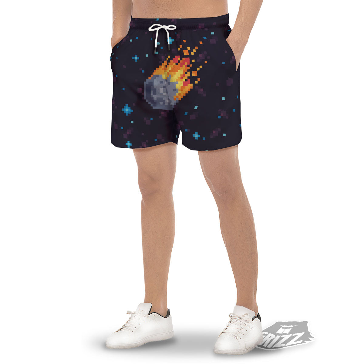 Pixel 8 Bit Meteorite Burnning Print Men's Gym Shorts-grizzshop