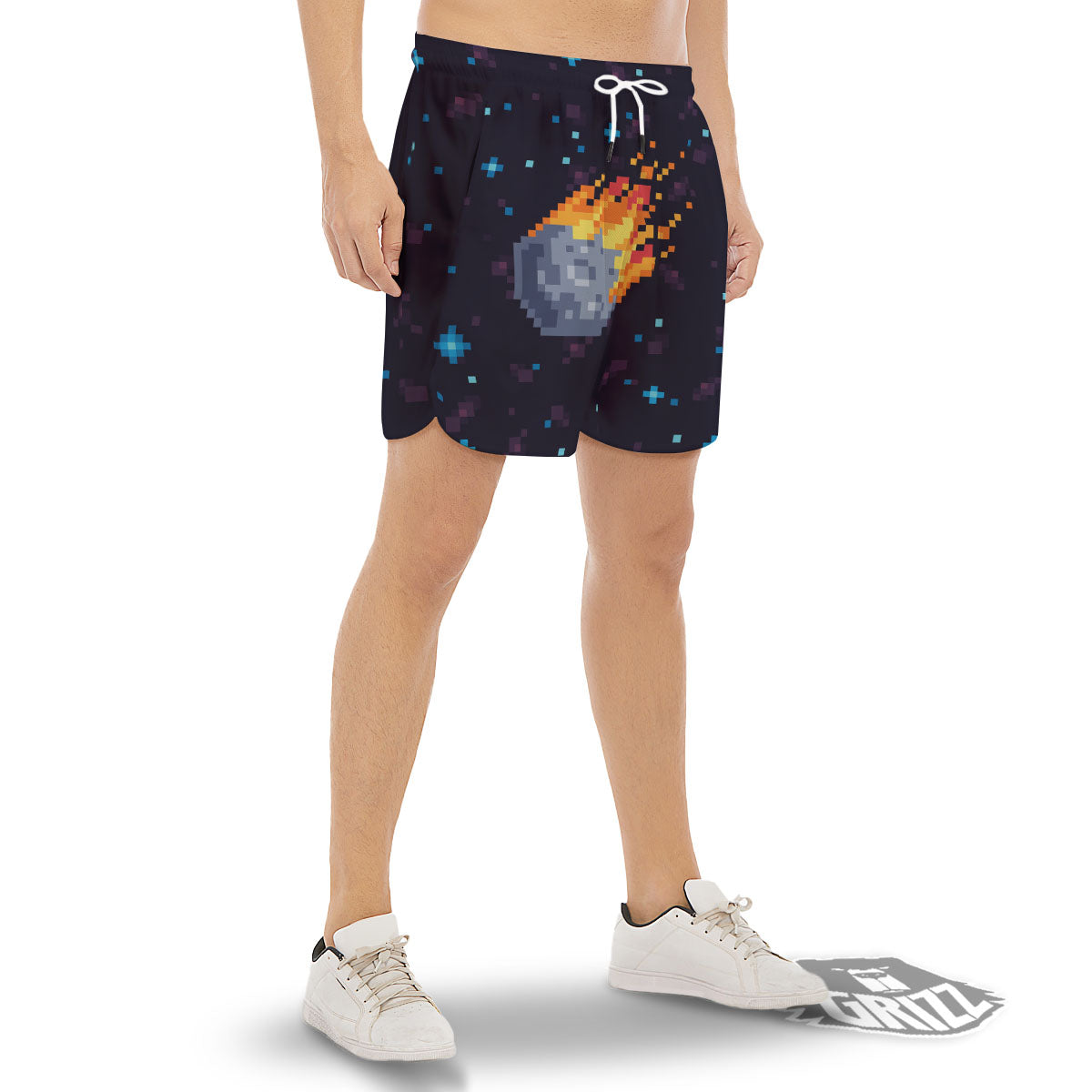 Pixel 8 Bit Meteorite Burnning Print Men's Gym Shorts-grizzshop
