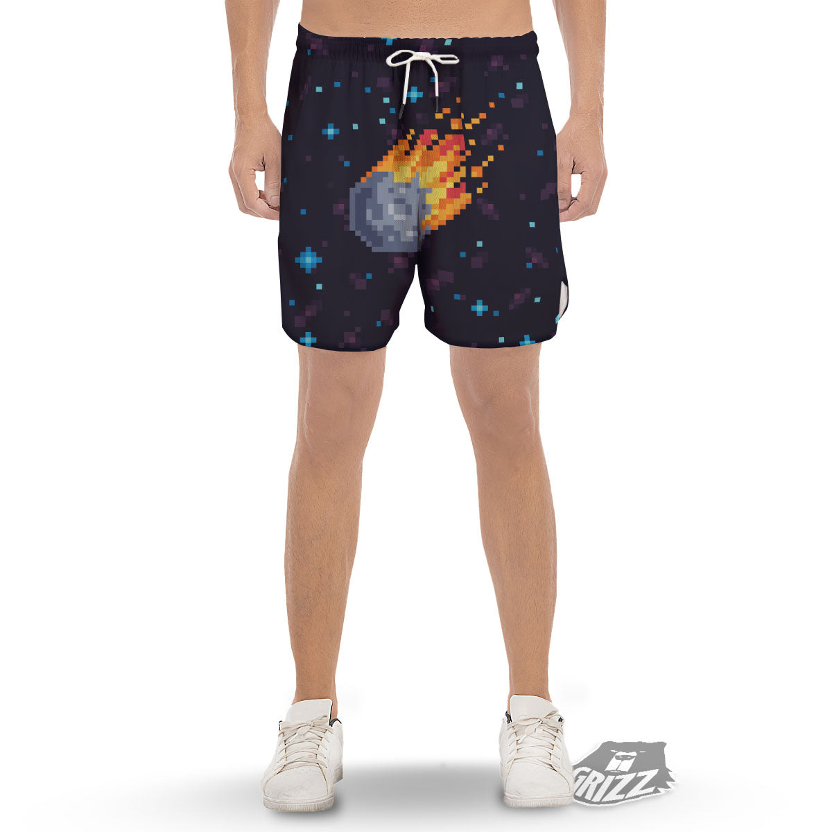 Pixel 8 Bit Meteorite Burnning Print Men's Gym Shorts-grizzshop