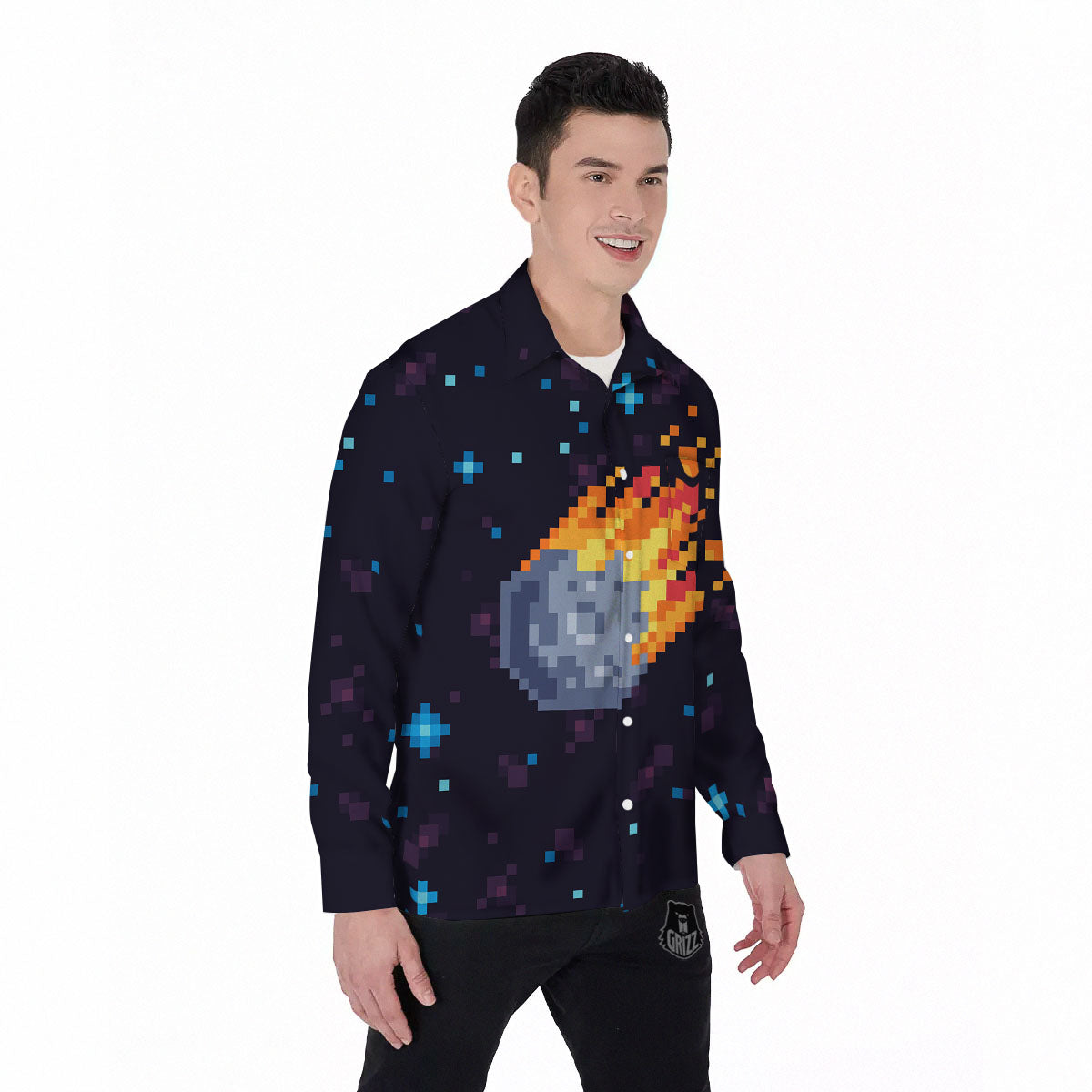 Pixel 8 Bit Meteorite Burnning Print Men's Long Sleeve Shirts-grizzshop