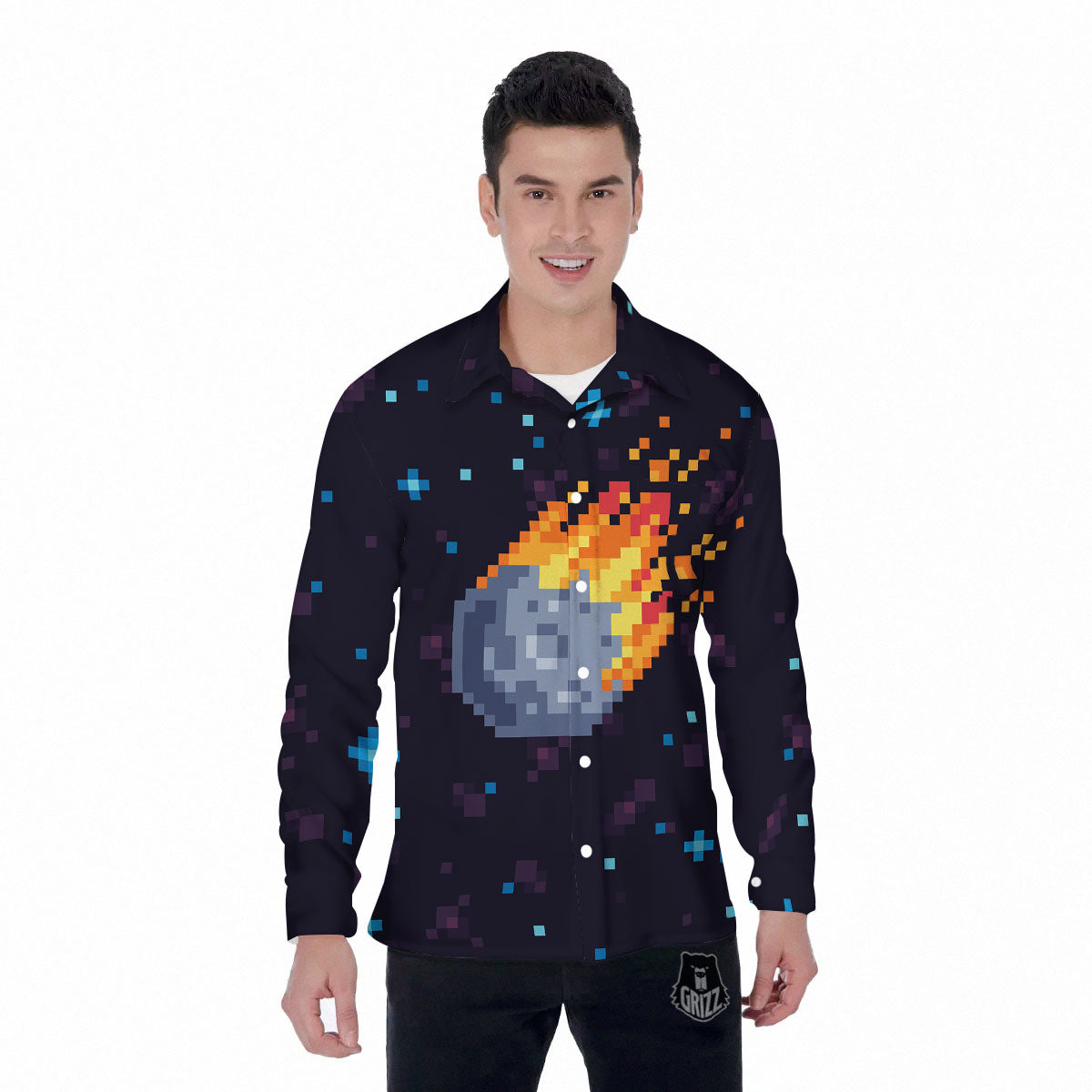 Pixel 8 Bit Meteorite Burnning Print Men's Long Sleeve Shirts-grizzshop