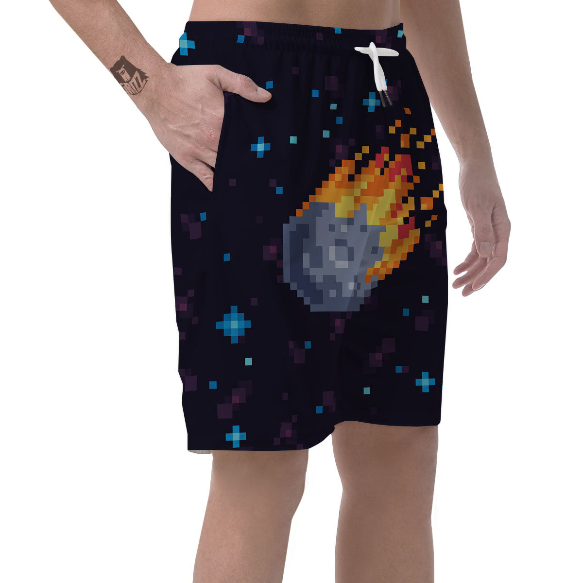 Pixel 8 Bit Meteorite Burnning Print Men's Shorts-grizzshop