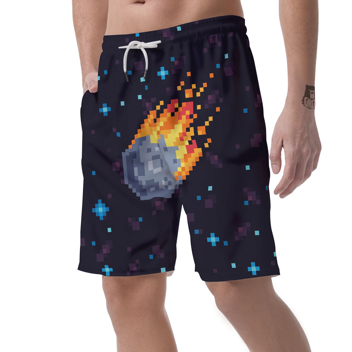 Pixel 8 Bit Meteorite Burnning Print Men's Shorts-grizzshop