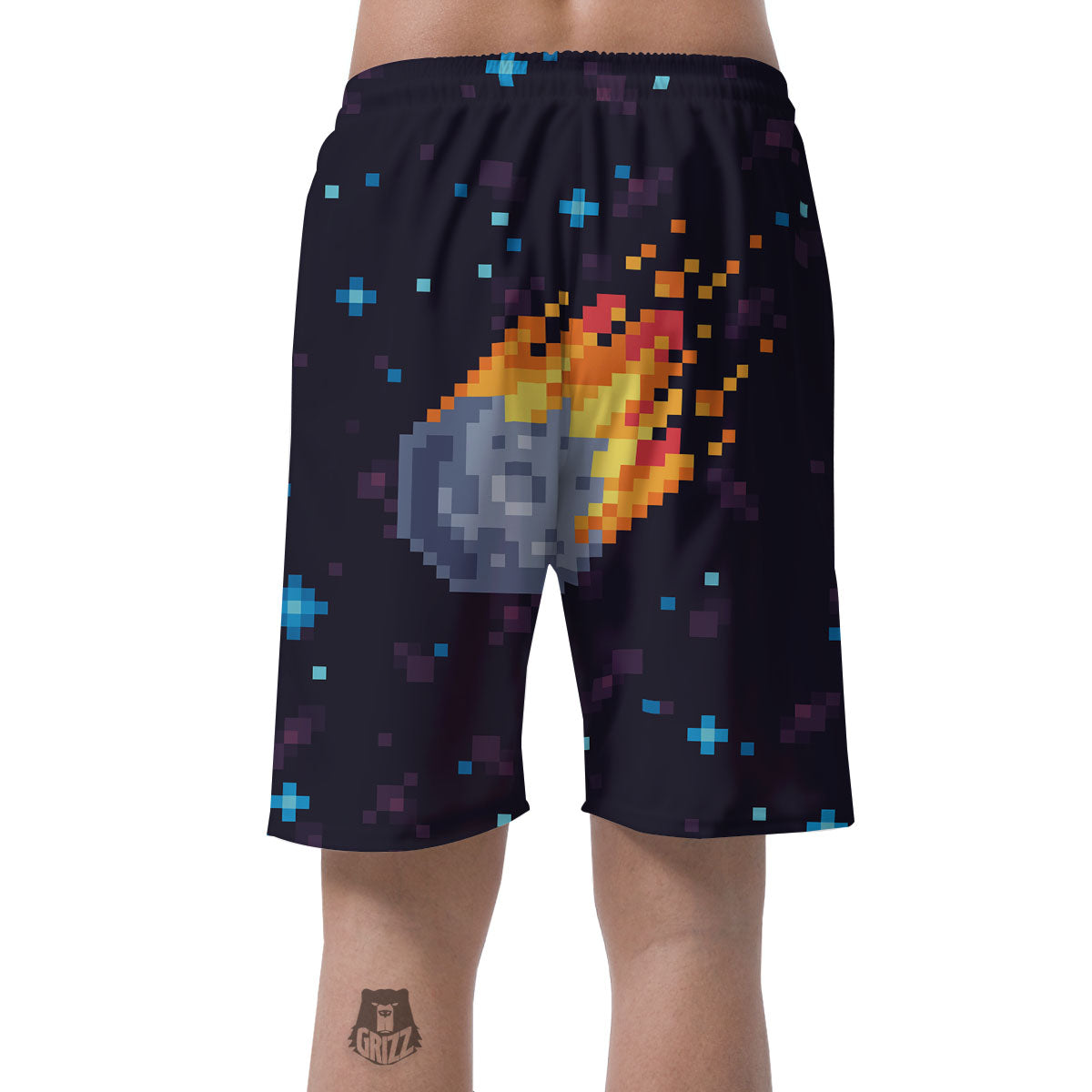 Pixel 8 Bit Meteorite Burnning Print Men's Shorts-grizzshop