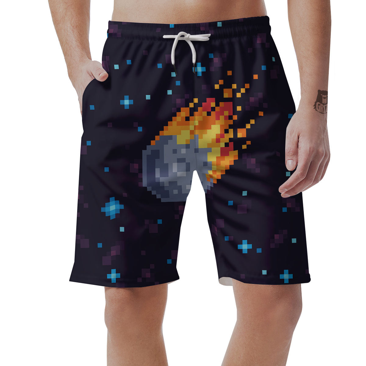 Pixel 8 Bit Meteorite Burnning Print Men's Shorts-grizzshop