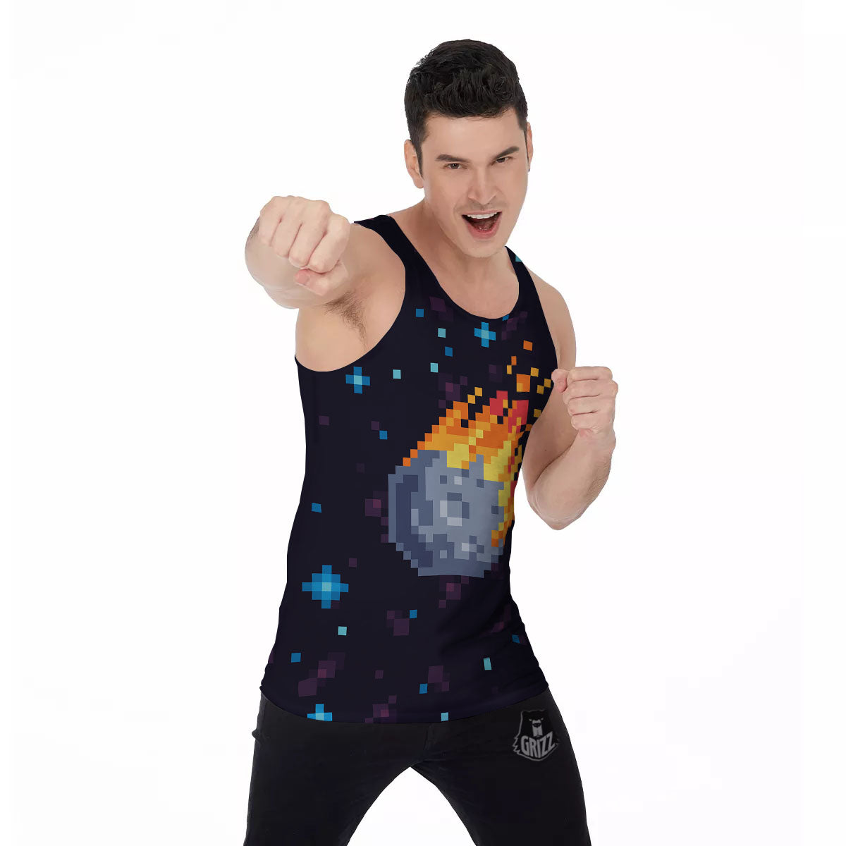 Pixel 8 Bit Meteorite Burnning Print Men's Tank Top-grizzshop