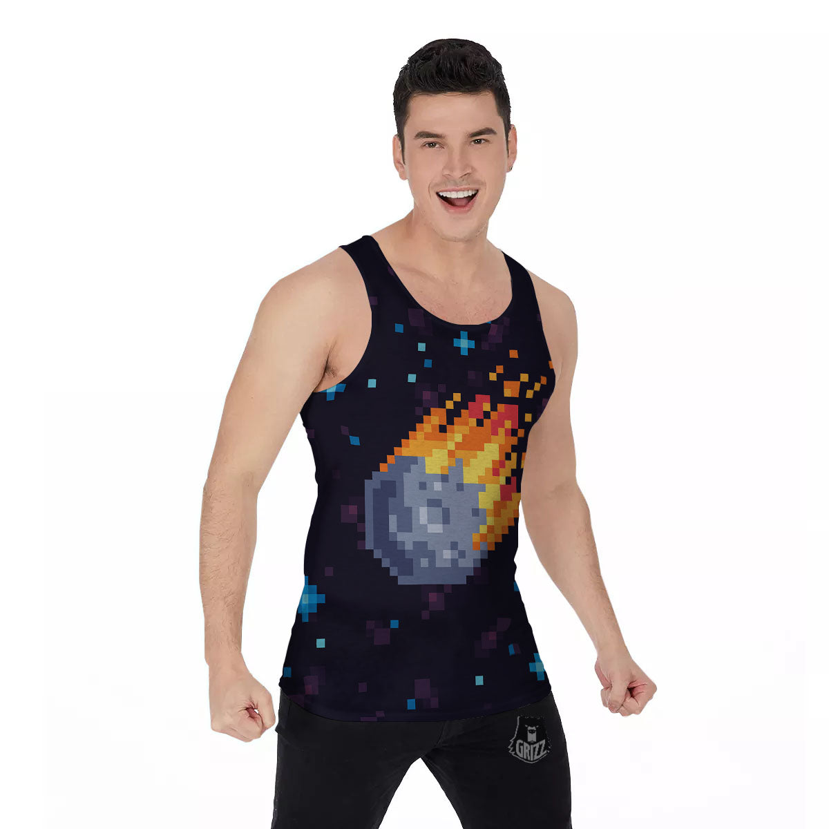 Pixel 8 Bit Meteorite Burnning Print Men's Tank Top-grizzshop