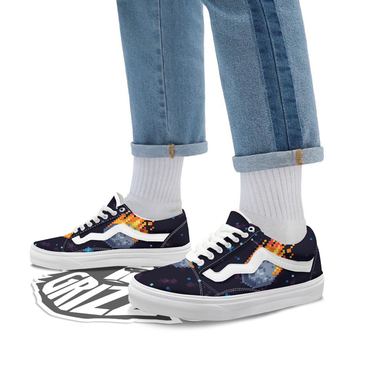 Pixel 8 Bit Meteorite Burnning Print Skate Shoes-grizzshop