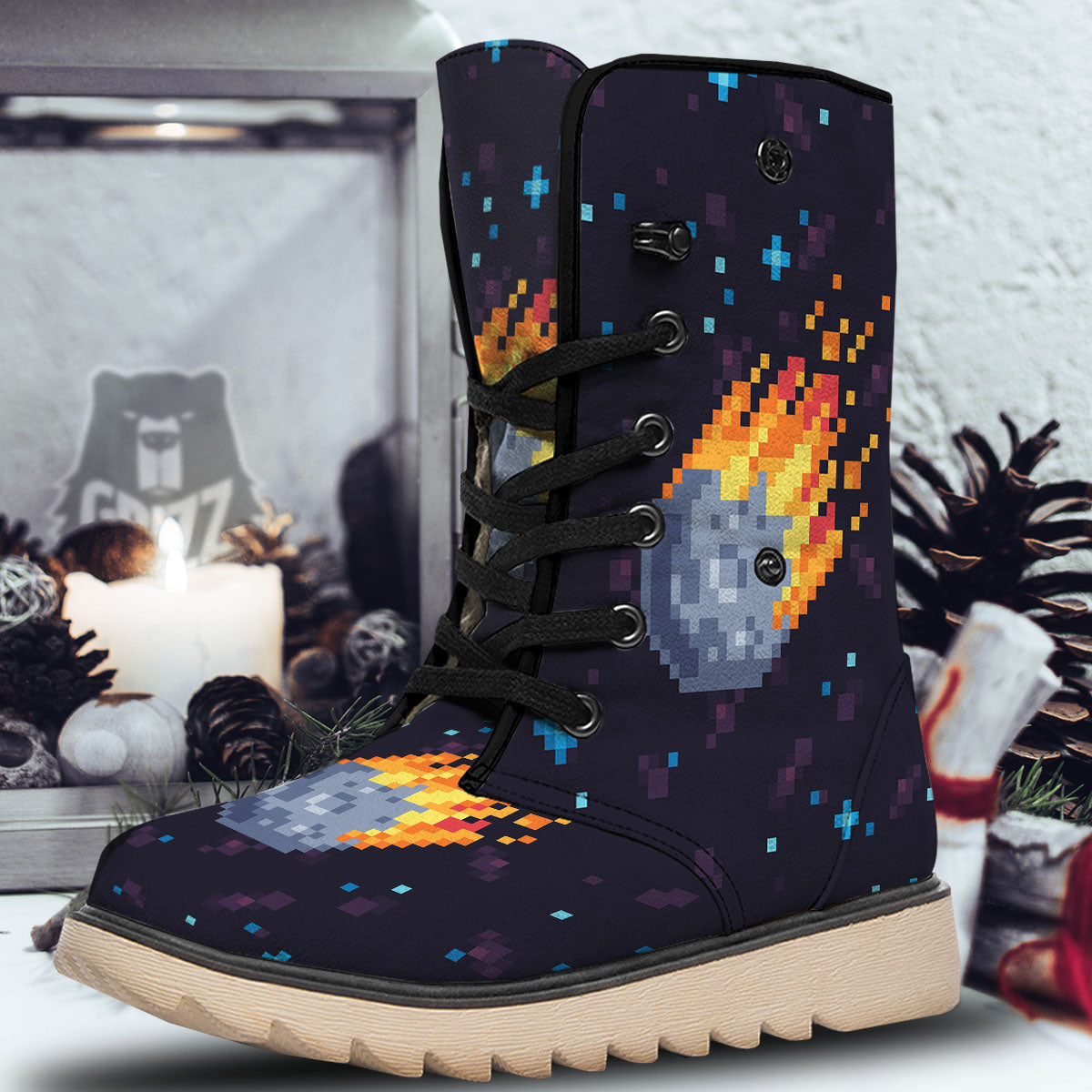 Pixel 8 Bit Meteorite Burnning Print Snow Boots-grizzshop