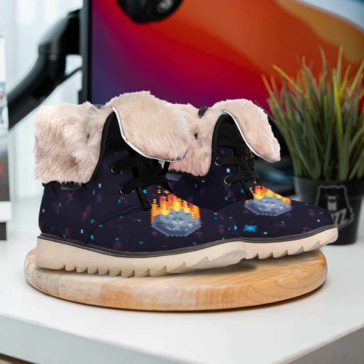 Pixel 8 Bit Meteorite Burnning Print Snow Boots-grizzshop