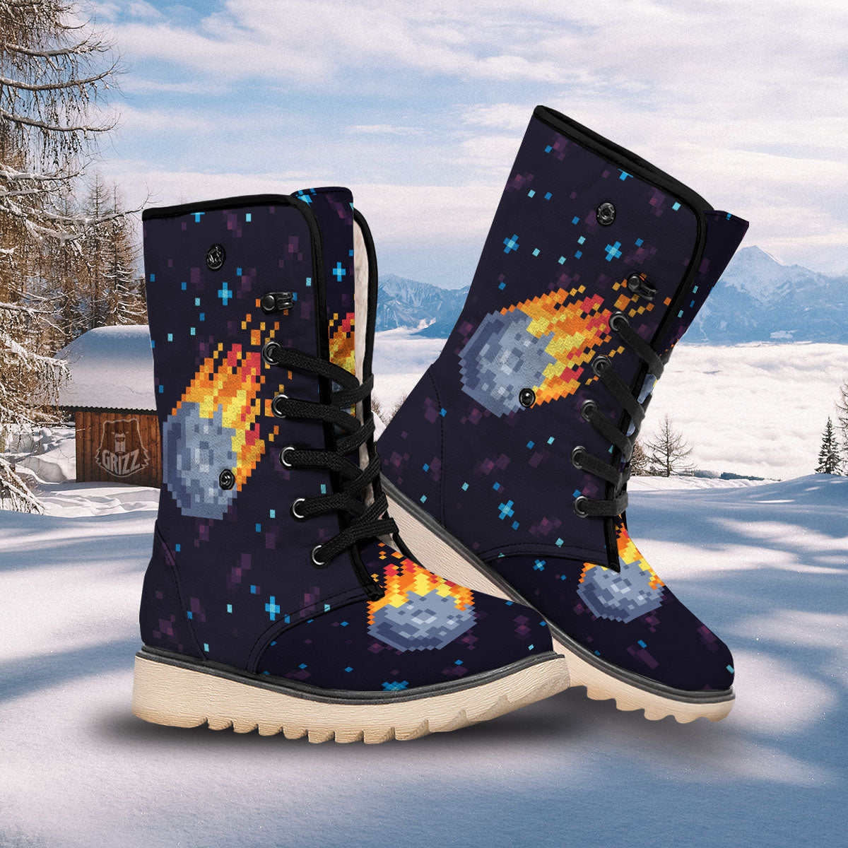 Pixel 8 Bit Meteorite Burnning Print Snow Boots-grizzshop