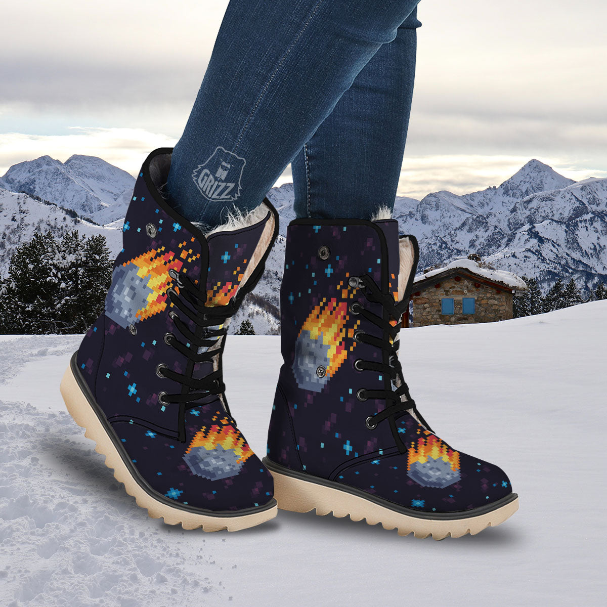 Pixel 8 Bit Meteorite Burnning Print Snow Boots-grizzshop