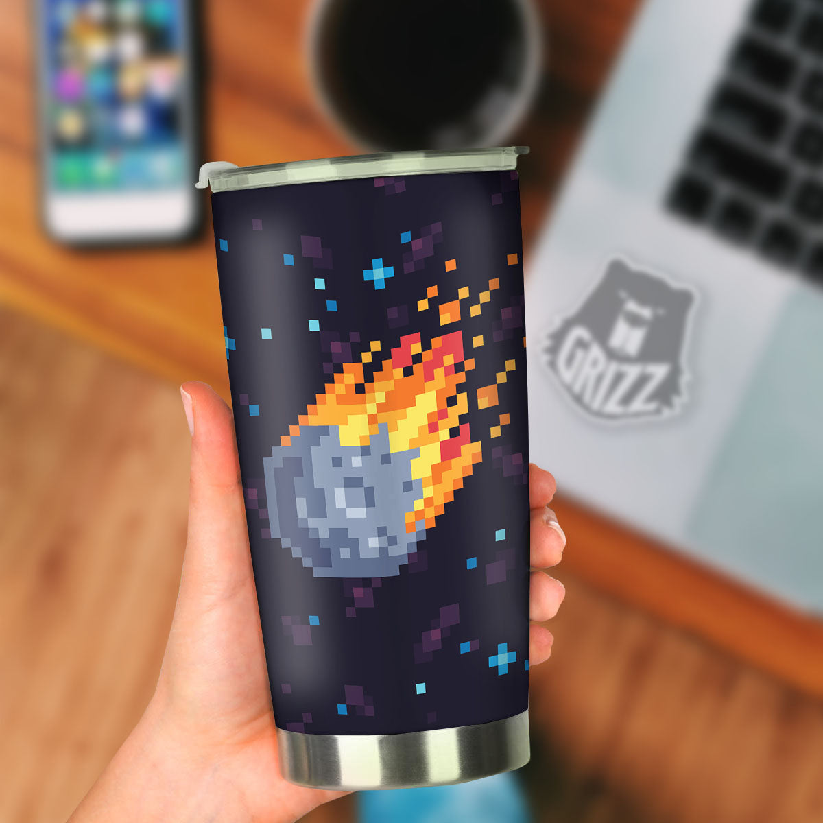 Pixel 8 Bit Meteorite Burnning Print Tumbler-grizzshop